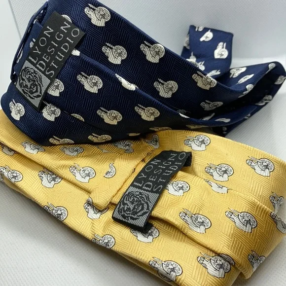 EUC silk soldier ties navy yellow sword shield - Picture 3 of 3